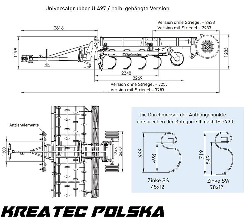 Rolmako Grubber universal / Universalgrubber U 497 halb-gehängte Version für Saatbettbereitung und Stoppelbearbeitung mit Zinken ST (Feder 90x13 mm) von 3 m bis 6 m
